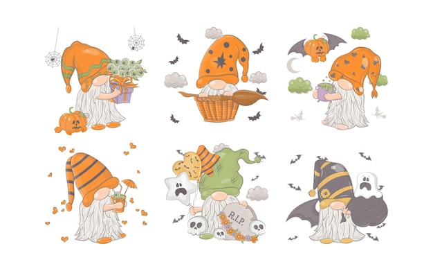 Vector set of cartoon halloween gnome collection of cute vector halloween dwarf illustrations