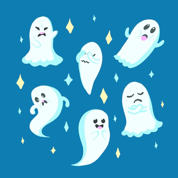 Set of cartoon halloween illustration with scary sad and happy white ghosts and night creatures