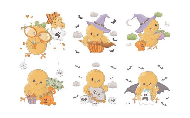 Set cartoon halloween kuiken verzameling schattige vector halloween vogelillustraties