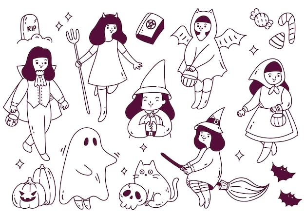 Vector set of cartoon halloween party doodle. vector illustration