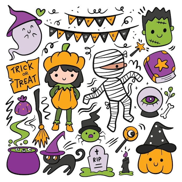 Set of Cartoon Halloween Party Doodle. Vector Illustration