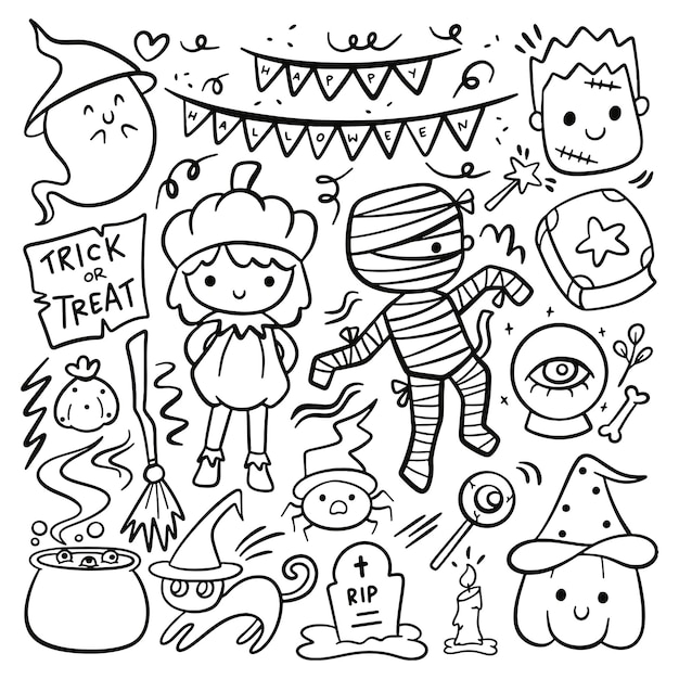 Set of Cartoon Halloween Party Doodle. Vector Illustration