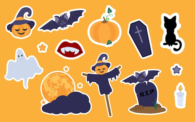 Set of cartoon halloween stickers. Hand drawn illustration. .Vector collection of Halloween elements