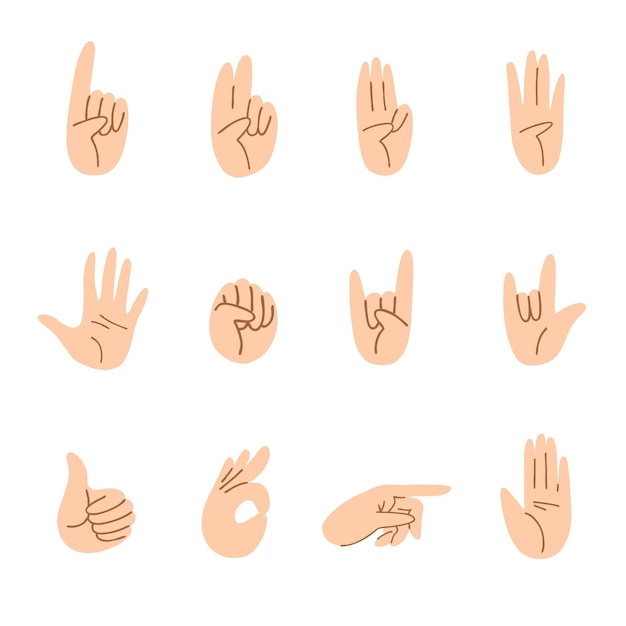 Vector set of cartoon hands of different gestures.
