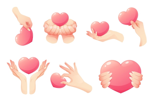 Vector set of cartoon hands with hearts fingers hold heart vector illustration icons for valentines day kidness day love support likes