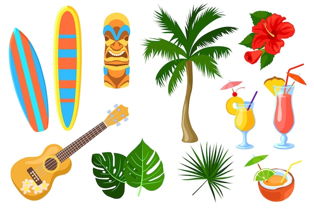 Set of cartoon hawaiian and travel symbols