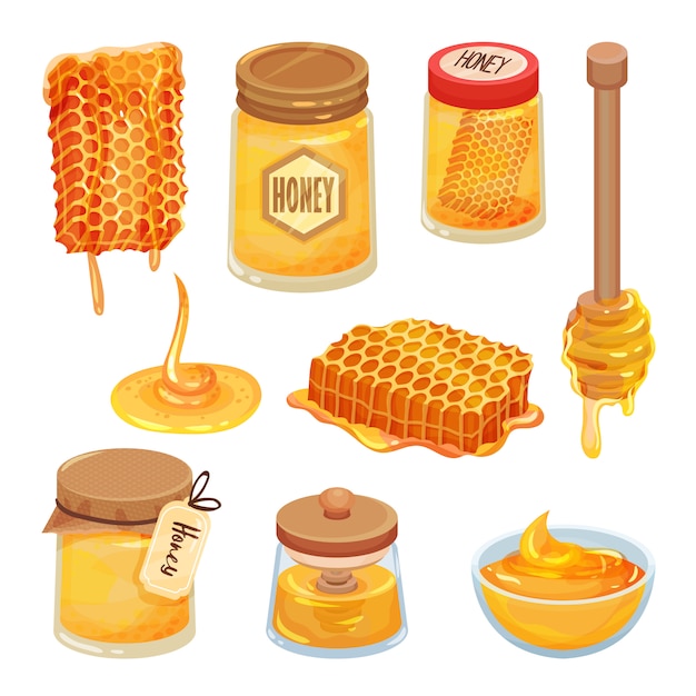 漫画蜂蜜アイコンのセットです。自然で健康的な自家製製品。ハチの巣、ジャー、木製ディッパー