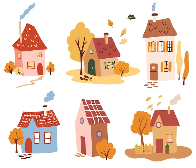 Vector set of cartoon houses. cartoon cottage of different colors with trees. your sweet home. traditional architecture. bright building. concept for textile patter, nursery design, map design. vector