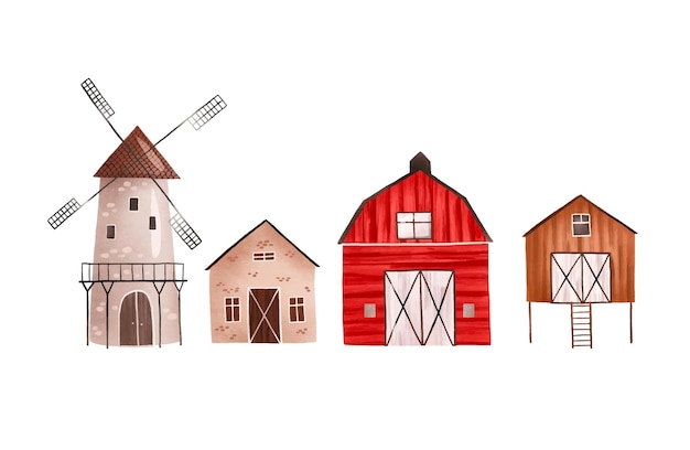 Set of cartoon houses Rural farm houses Outbuildings Vintage