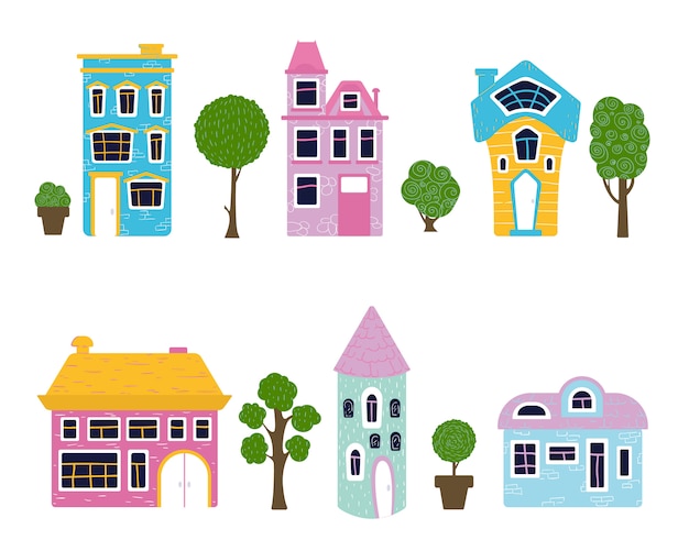 Set of cartoon houses and trees, sweet home