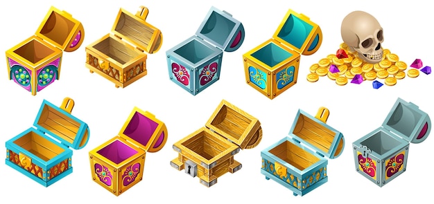 Set cartoon houten isometrische open kisten versierd met zilver voor computerspel