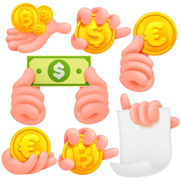 Vector set of cartoon human hands. cartoon andisolated objects. collection of various gestures. dollar, bitcoin, euro.