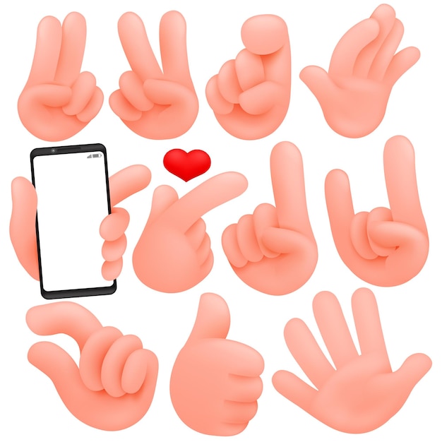 Vector set of cartoon human hands. cartoon andisolated objects. collection of various gestures(thumbs up, victory).