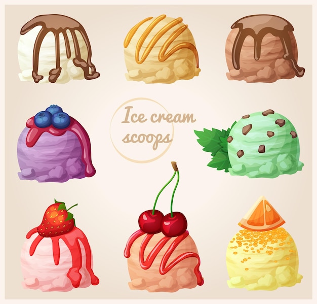 Vector set of cartoon ice cream icons ice cream scoops