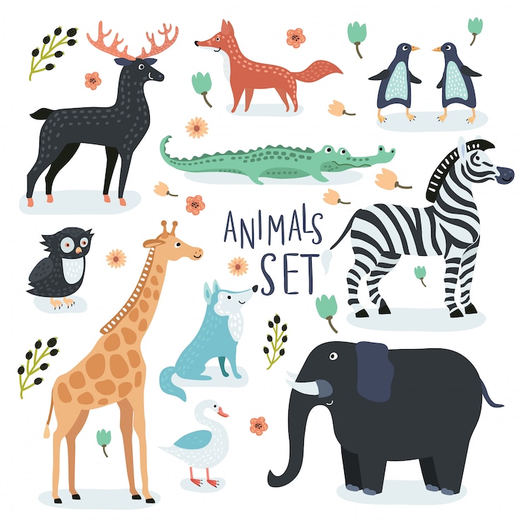Vector set cartoon illustraties van cartoon grappige schattige dieren in vintage kleur
