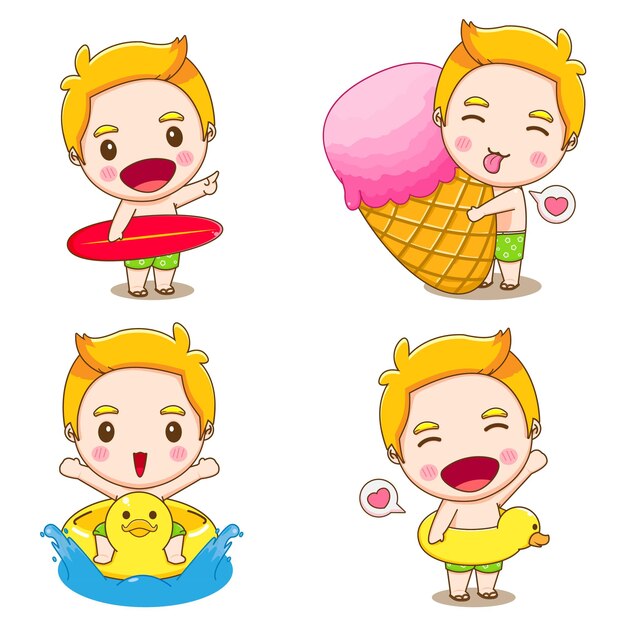 set cartoon illustration of cute boy doing summer activities