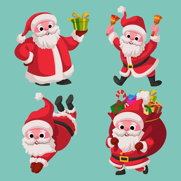 Set of cartoon illustrations of Cute Santa Claus with gifts, bag with gifts, waving and jumping.