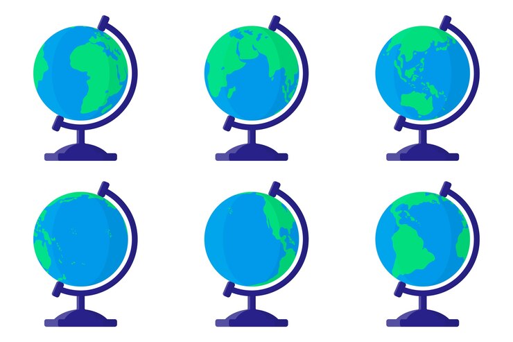 Vector set of cartoon illustrations with desktop school earth globe from different sides on white background