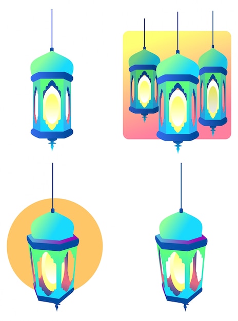 set of cartoon Islamic Lantern Ramadan Kareem Arabian Muslim Eid El Fitr.