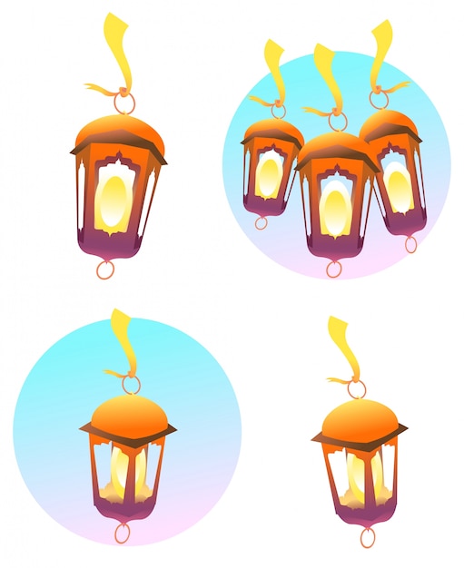 Vector set of cartoon islamic lantern ramadan kareem arabian muslim eid el fitr.