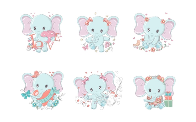 Set of cartoon isolated elephant collection of cute vector cartoon animal illustrations