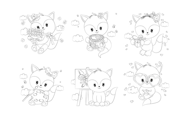 Vector set of cartoon isolated fox coloring page collection of cute vector cartoon forest animals outline
