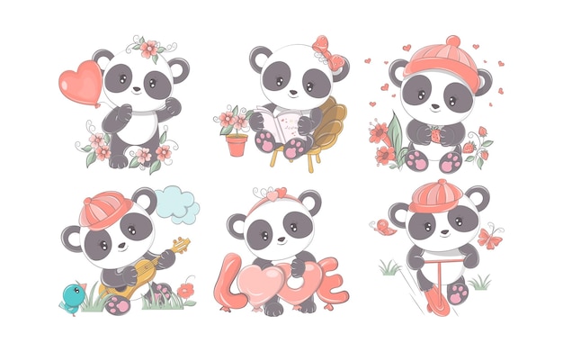 Set of cartoon isolated panda collection of cute vector cartoon bear illustrations for stickers