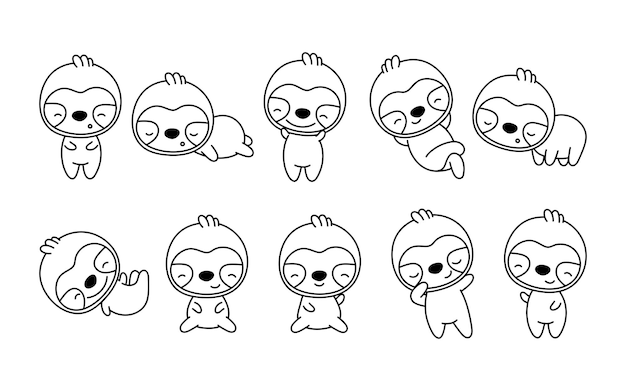 Set of cartoon isolated sloth coloring page cute vector kawaii animals outline collection of cute