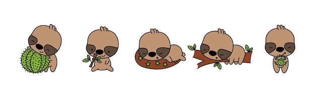 Set of cartoon isolated sloth set of cute kawaii sloth in funny cartoon style