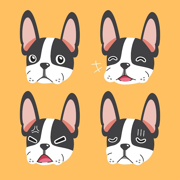 Set cartoon karakter boston terrier hond gezichten met verschillende emoties