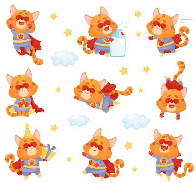 Set cartoon kat superheld in verschillende poses en situaties