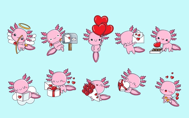 Set of cartoon kawaii axolotl illustrations in love collection of cute vector isolated baby axolotl