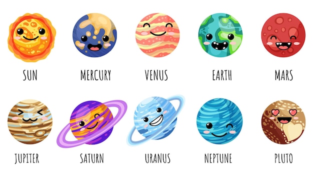 Set of cartoon kawaii planets, stars and satellites. cosmos theme collection of anime faces