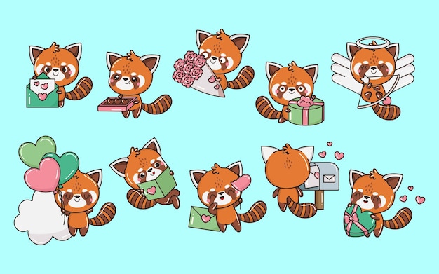 Set of cartoon kawaii red panda illustrations in love collection of vector isolated baby red panda