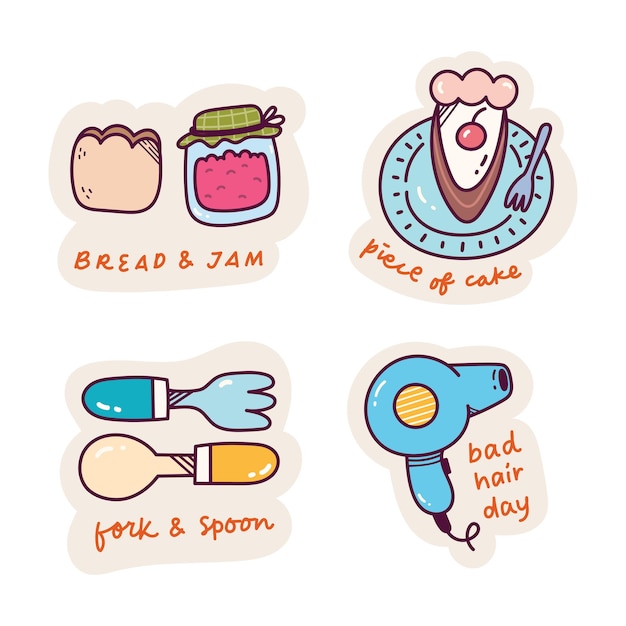 Set of Cartoon Kawaii Sticker Doodle