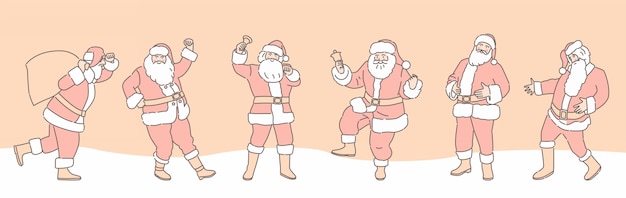 Set cartoon kerst illustraties geïsoleerd op een achtergrond kleur. Grappig gelukkig kerstman karakter met cadeau, tas met cadeautjes, dansen.