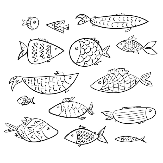 Set of cartoon kids vector outline fishes