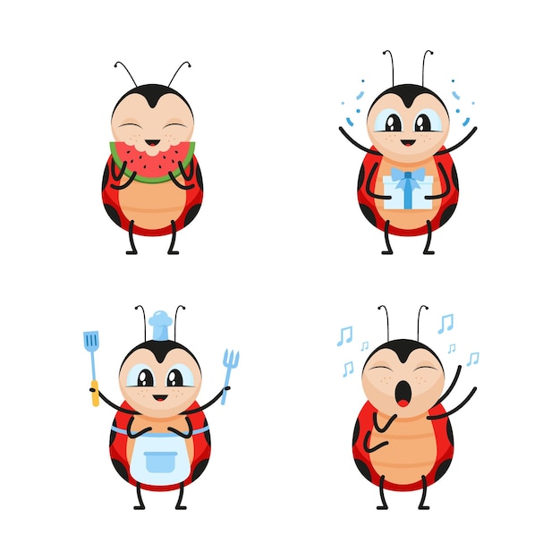 Vector set of cartoon ladybird character eating watermelon, cooking, singing song, receiving birthday gift