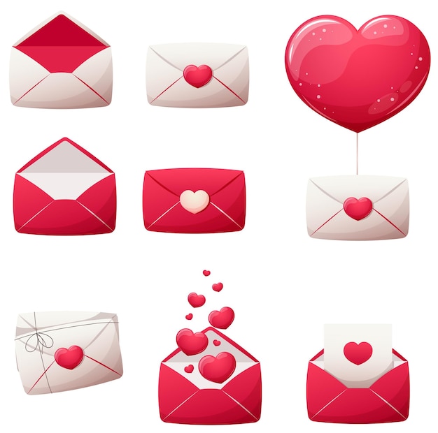 Set cartoon liefdesbrieven enveloppen berichten met hartjes in witte en rode kleuren