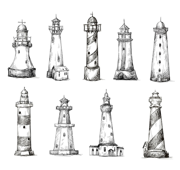 Set of cartoon lighthouses. icons. pencil drawing style, vector line art.