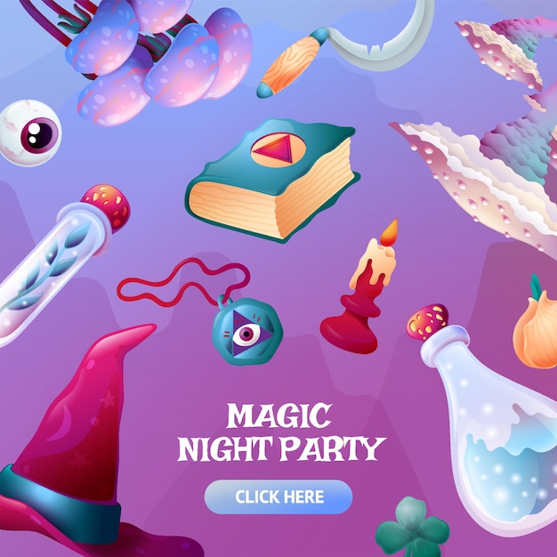 Set Cartoon Magic Witchcraft-accessoires met paddestoel Glowing Alchemy-collectie met heksenhoed