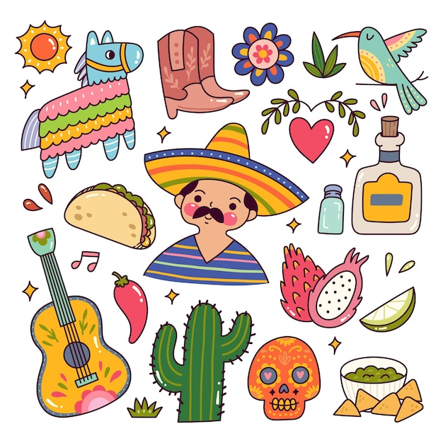 Vector set of cartoon mexican traditional culture doodle vector elements