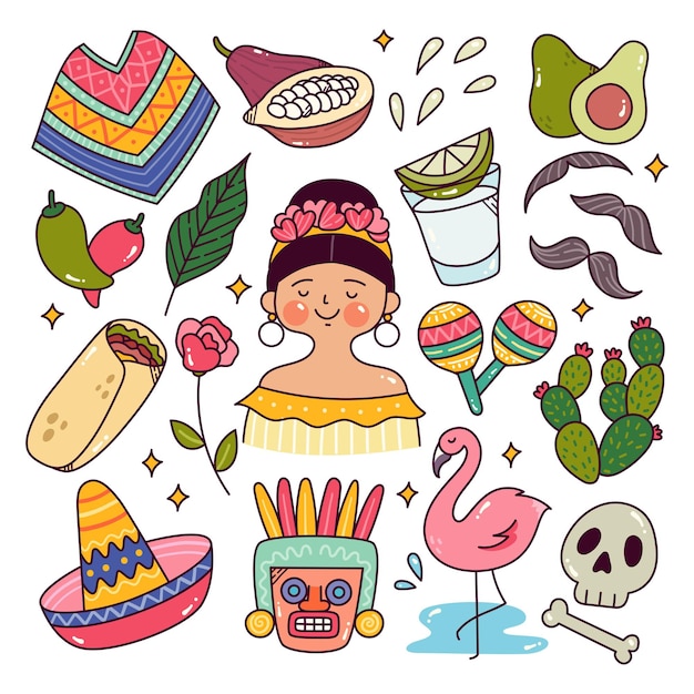 Vector set of cartoon mexican traditional culture doodle vector elements