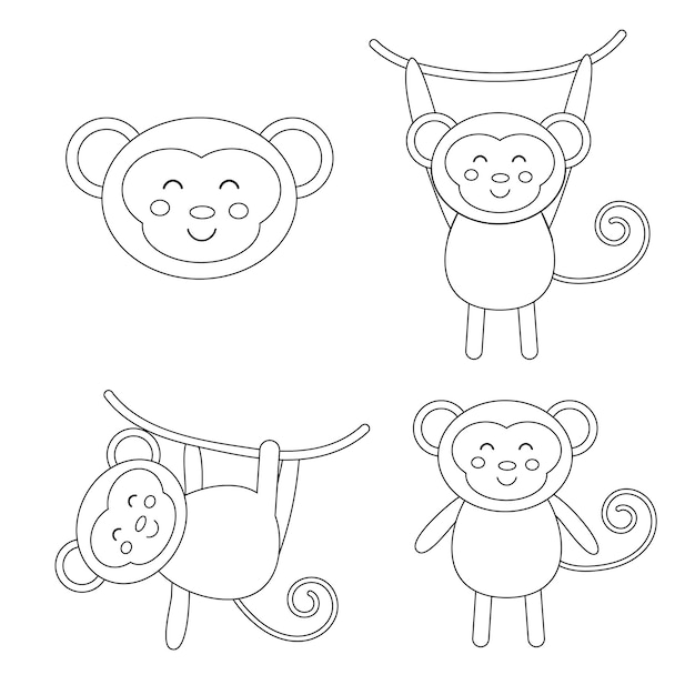 Vector set of cartoon monkeys boho outline vector illustration