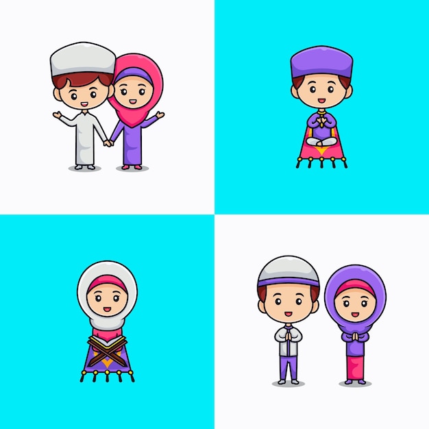 Set cartoon moslim logo-ontwerp voor ramadan-poster