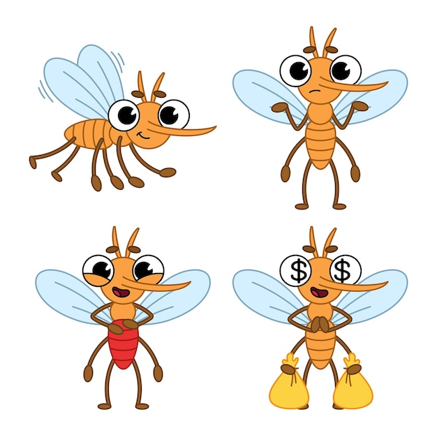 Set of cartoon mosquito character with blood in its abdomen flying, holding bags full of money