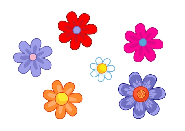 Vector set of cartoon multicolored flowers daisies collection of floral decor to decorate cards textiles