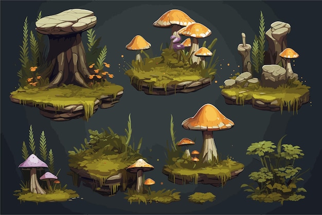 Набор мультяшных грибов и растений, фантазия, земля, книга, игра, графическая сцена, обои