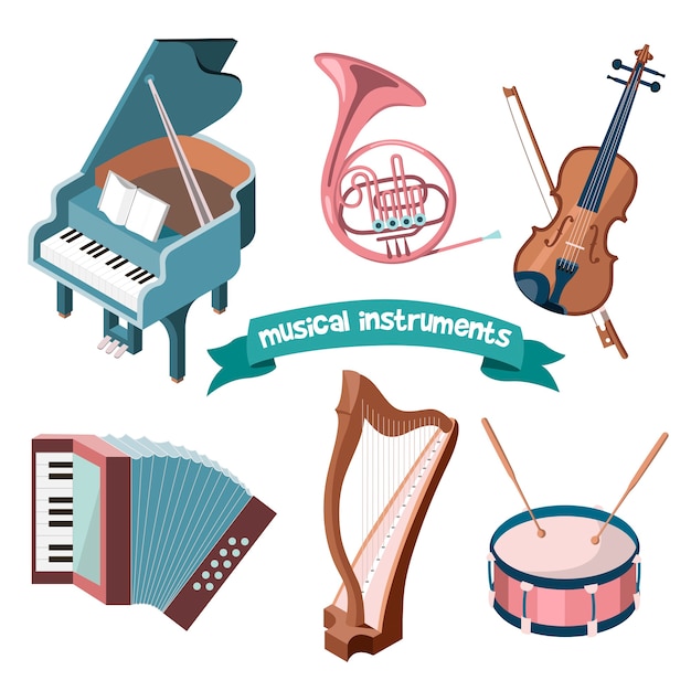 Set of cartoon musical instruments - grand piano, french horn, violin, accordion, harp and drum.