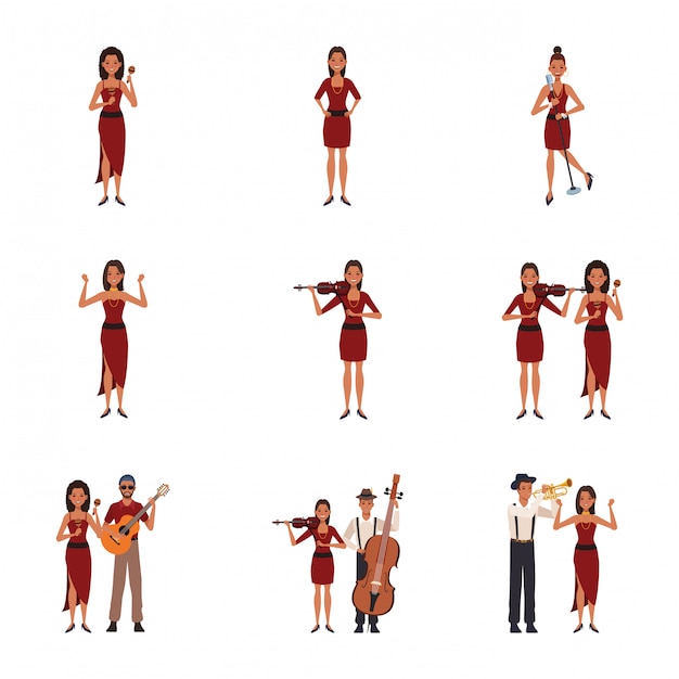 Set cartoon muzikanten vrouwen en mannen met instrumenten